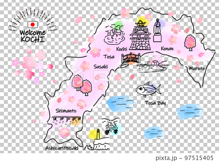 Simple line drawing illustration map of tourist spots in Kochi Prefecture in spring (pink) Simple line drawing illustration map of tourist spots in Kochi Prefecture in spring (pink) 97515405