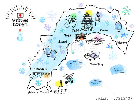 冬の高知県の観光地のシンプル線画イラストマップ 冬の高知県の観光地のシンプル線画イラストマップ 97515407
