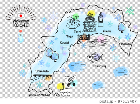 Simple line drawing illustration map of sightseeing spots in Kochi Prefecture in winter 97515407