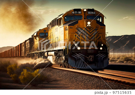 Yellow cargo train rides on rails among dusty empty steppe 97515635
