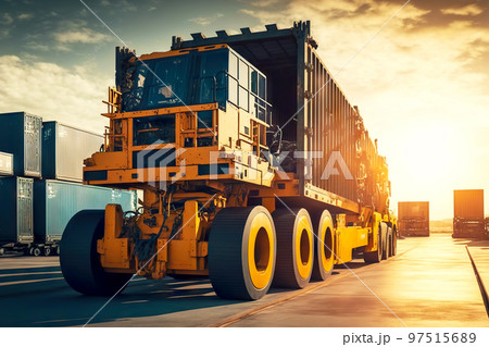 Powerful truck delivers containers with goods to cargo train 97515689