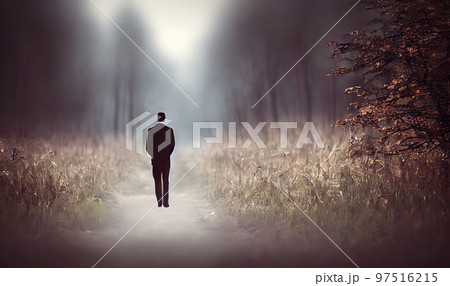 Back view of silhouette of well-groomed man in the middle of a path disappearing in the bright haze in the distance leaving an eerie impression, made with generative ai Back view of silhouette of well-groomed man in the middle of a path disappearing in the bright haze in the distance leaving an eerie impression, made with generative ai 97516215