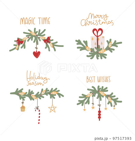 Christmas nature design greeting vector illustration. Fir branch with decoration, bow, toys, gift, bulb, garland, lettering. 97517393