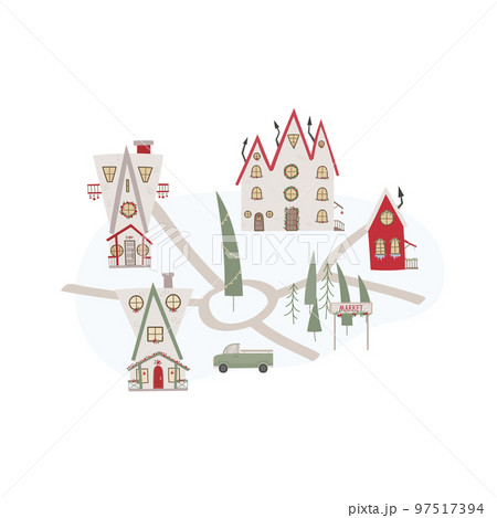 Cute Christmas city map with road, trees, car, decoration, houses. Vector illustration for card, banner. 97517394