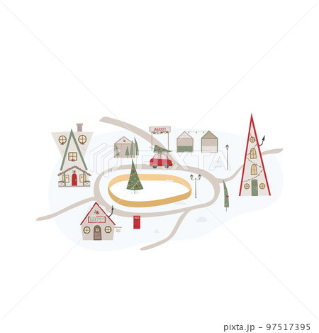 Cute Christmas city map with road, decoration, house, ice rink, trees. Vector illustration for card, banner. Cute Christmas city map with road, decoration, house, ice rink, trees. Vector illustration for card, banner. 97517395