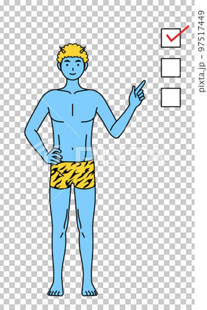 Blue demon man wearing tiger pattern pants pointing to checklist, traditional event, Setsubun Blue demon man wearing tiger pattern pants pointing to checklist, traditional event, Setsubun 97517449