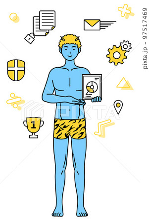 DX化のイメージ、デジタル技術を利用して業務改善を行うトラ柄パンツをはいた青鬼の男性、伝統行事、節分 97517469