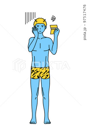 預金通帳を見て落ち込むトラ柄パンツをはいた青鬼の男性、伝統行事、節分 97517476