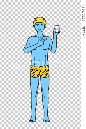 スマホのキャッシュレス・オンライン決済を勧めるトラ柄パンツをはいた青鬼の男性、伝統行事、節分 97517484