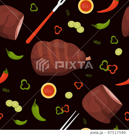 Vector seamless pattern with grilled fried meat. Piece of beef and fried pork leg with sauce, fork, chili peppers and lime slices on black background. Fried latin american popular meat food. 97517590