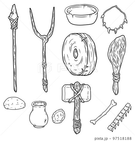 Set of items of primitive man and hunter. Weapons of caveman. Stone age hammer, axe and club. Lifestyle and tool. Cartoon illustration 97518188