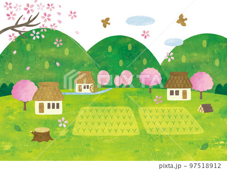 日本の桜と田舎の風景水彩背景 日本の桜と田舎の風景水彩背景 97518912