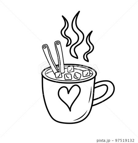 Cup of hot drink with marshmallows and cinnamon in doodle style. Cozy mug with heart and steam. 97519132