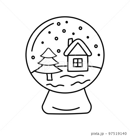 Christmas snow globe with winter house and fir tree in doodle style. Traditional Christmas and New Year souvenir. Christmas snow globe with winter house and fir tree in doodle style. Traditional Christmas and New Year souvenir. 97519140