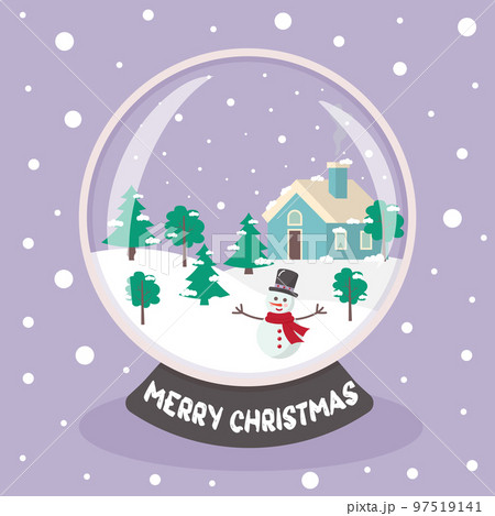 Christmas snow globe with snowman, winter house and trees. Traditional Christmas and New Year souvenir. Merry Christmas text. Christmas snow globe with snowman, winter house and trees. Traditional Christmas and New Year souvenir. Merry Christmas text. 97519141