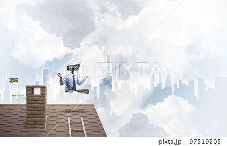 Concept of security and privacy protection with camera headed man meditating Concept of security and privacy protection with camera headed man meditating 97519205