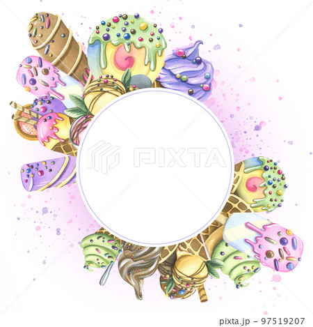 Various ice cream in waffle cones, popsicles, balls with confectionery sprinkles, topping. Watercolor illustration. Round frame from the ICE CREAM collection. For the design and design of menus Various ice cream in waffle cones, popsicles, balls with confectionery sprinkles, topping. Watercolor illustration. Round frame from the ICE CREAM collection. For the design and design of menus 97519207