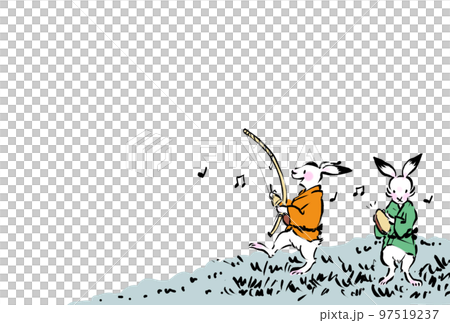 Japanese style illustration of rabbits playing capoeira instruments 97519237