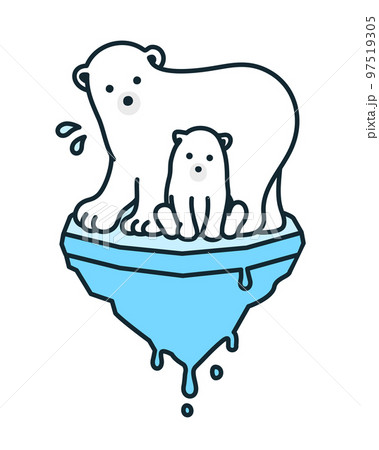 温室効果ガスの排出が原因で氷が解けてしまい、困っているシロクマのイラスト。 97519305