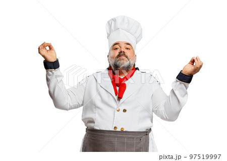Portrait of bearded man, restaurant chef in uniform posing with proud professional look isolated on white background Portrait of bearded man, restaurant chef in uniform posing with proud professional look isolated on white background 97519997