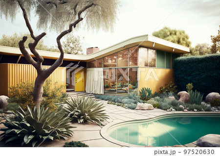 Generative AI illustration of mid-century modern house with swimming pool 97520630