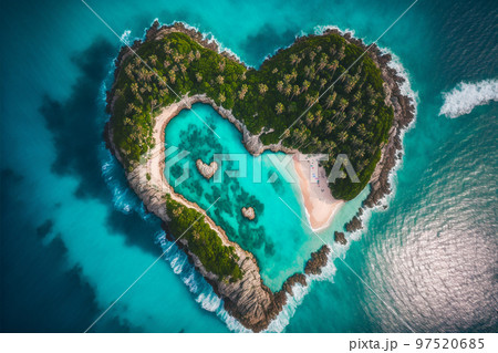 Concept art illustration of beautiful tropical island in the shape of heart 97520685