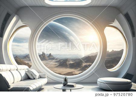 Concept art illustration of sci-fi futuristic interior of space station 97520780