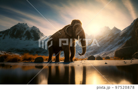 Generative AI illustration of mammoth in mountains 97520878