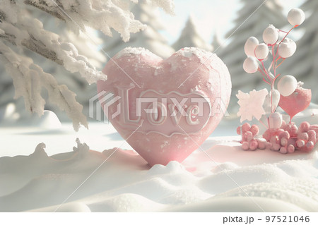 3D illustration of ice heart with LOVE and Christmas tree in winter wonderland setting. Great for Valentine's Day or Christmas. 3D illustration of ice heart with LOVE and Christmas tree in winter wonderland setting. Great for Valentine's Day or Christmas. 97521046
