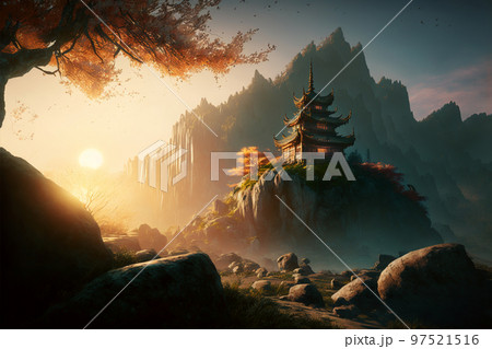 Concept art illustration of temple in Shangri La fictional land Concept art illustration of temple in Shangri La fictional land 97521516