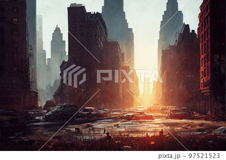 Concept art illustration of post-apocalyptic New York city Concept art illustration of post-apocalyptic New York city 97521523