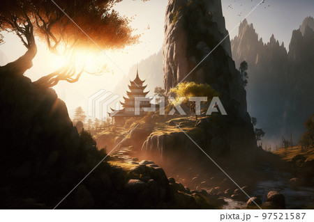 Concept art illustration of Shangri-La fictional land Concept art illustration of Shangri-La fictional land 97521587