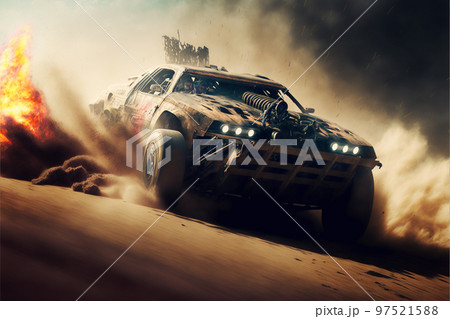 Generative AI illustration of post-apocalyptic car chase on a desert 97521588