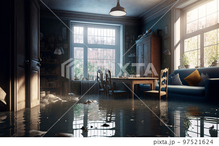 Generative AI illustration of flooded flat interior 97521624