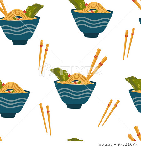 Ramen noodle seamless pattern. Asian food background. Perfect for restaurant cafe and print menus. Vector hand draw cartoon illustration. 97521677