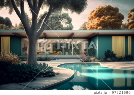 Generative AI illustration of mid-century modern house with swimming pool 97521696