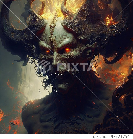 Concept art illustration of horned demon from hell, devil or satan Concept art illustration of horned demon from hell, devil or satan 97521754