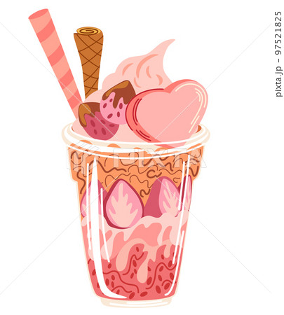 Sweet dessert with strawberries. Glass of strawberry yogurt smoothie or milkshake. Perfect for restaurant cafe print and web menus. Flat vector illustration isolated on white 97521825