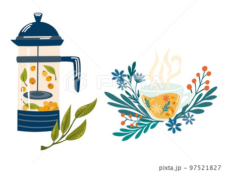 Herbal tea set. Mug with tea berries and leaves. Hot natural drink for health. Pharmacist of natural wellness poster, organic, herbal tea, wild flowers and herbs. Vector flat cartoon illustration 97521827