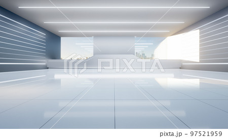 3d rendering of futuristic showroom with tile floor for background. 97521959