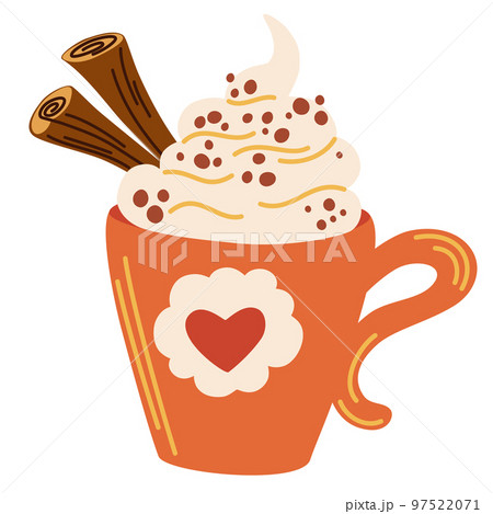 Cocoa mug with cream and cinnamon. Autumn or winter warming drink. Christmas coffee mug. Perfect for restaurant, bar, menus and web. Vector cartoon illustration isolated on the white background. 97522071