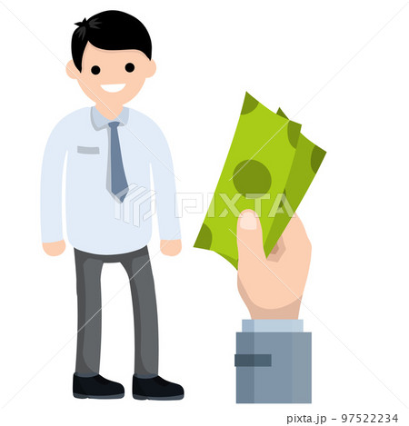Office man worker in suit and tie. Big hand with green money salaries. successful businessman. White shirt. Cartoon flat illustration. Rich guy 97522234