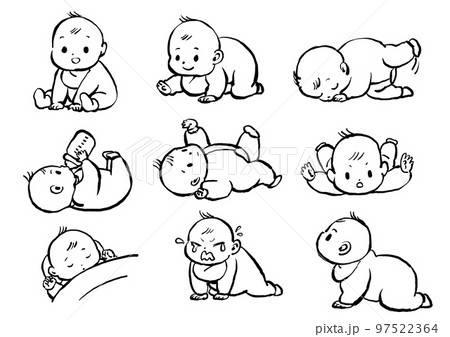 シンプルな赤ちゃんのいろんなポーズのモノクロイラストのイラスト素材
