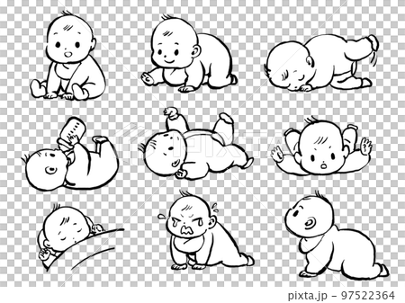 シンプルな赤ちゃんのいろんなポーズのモノクロイラスト 97522364