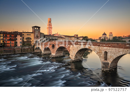 Verona, Italy Town Skyline on the Adige River with Ponte Pietra Verona, Italy Town Skyline on the Adige River with Ponte Pietra 97522757