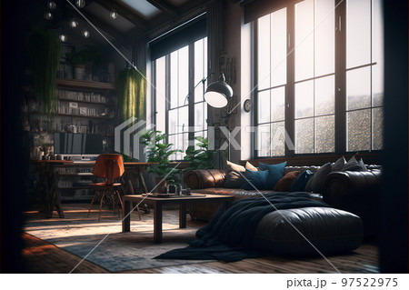 Illustration of living room with library and office counter,created with Generative AI technology. 97522975