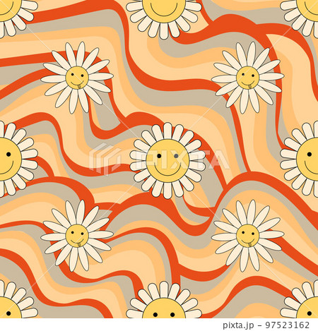 Groovy pattern with vintage daisy 70s, 60s lsd...のイラスト素材 [97523162] - PIXTA