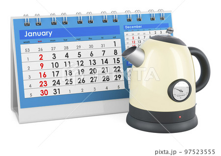 Electric tea kettle, retro design with desk calendar, 3D rendering 97523555