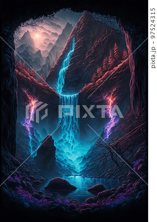 Beautiful wild nature landscape with waterfall and river from high mountains. Created with Generative AI technology. 97524315