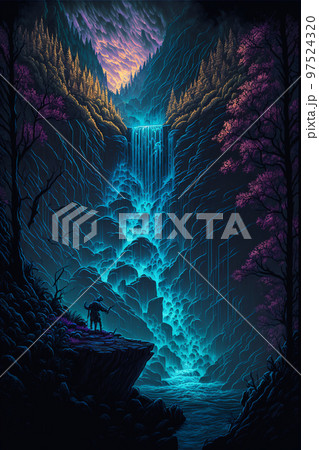 Beautiful wild nature landscape with waterfall and river from high mountains. Created with Generative AI technology. 97524320